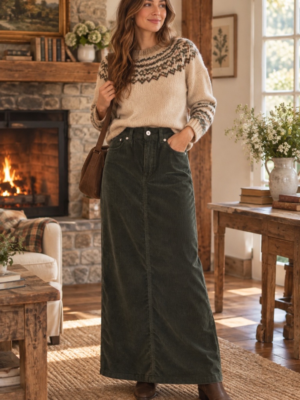 Northern Reflections maxi corduroy skirt 6 green slit cottage core fall/winter
